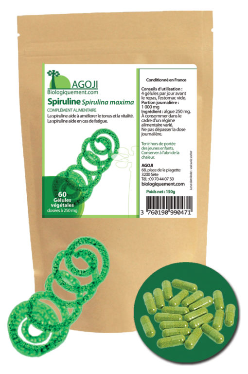 La spiruline est une algue spiralée qui existe depuis 3 milliards d’années. Faible en calorie, elle contient une grande quantité de protéines, d’antioxydants (caroténoïdes, phycocyanine) et d’acide gamma-linolénique (issu de la famille des oméga-6).
